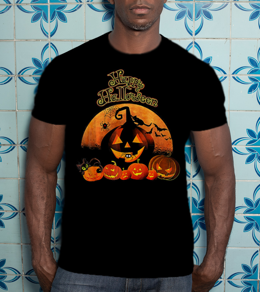 Happy Halloween Pumpkin Black Cat Witch Spider Bats T-Shirt