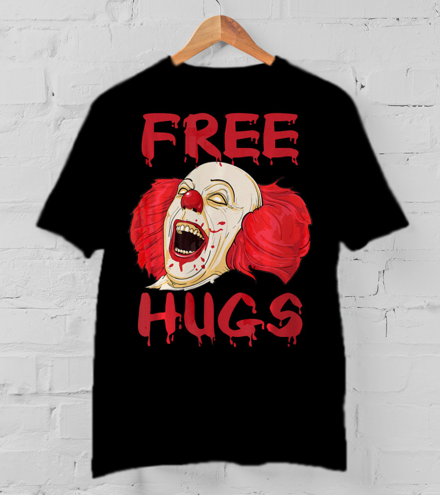 Free Hugs Evil Killer Scary Clown Costume Blood Red Horror T-Shirt