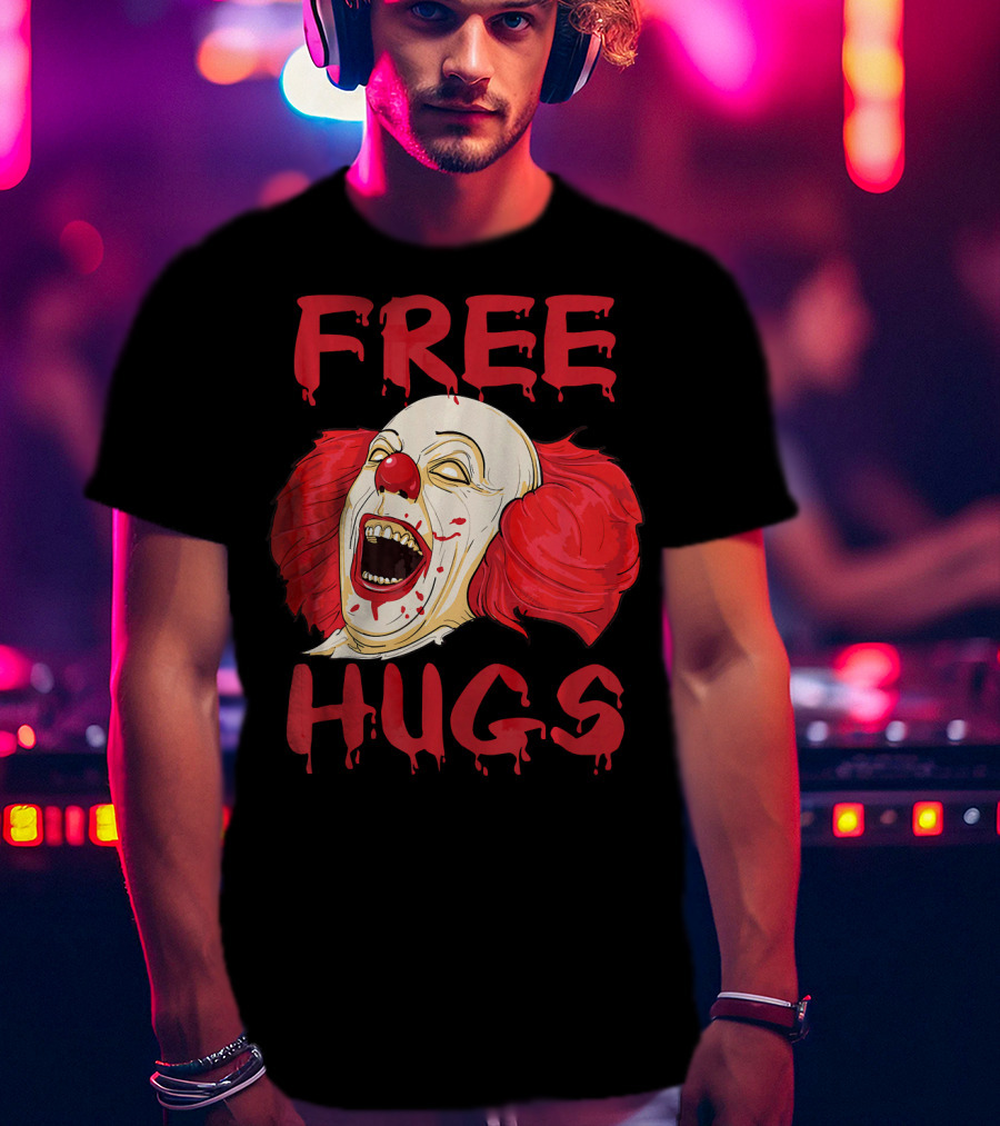 Free Hugs Evil Killer Scary Clown Costume Blood Red Horror T-Shirt