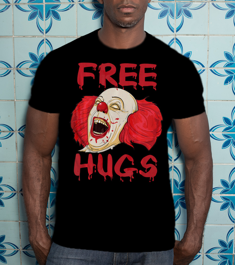 Free Hugs Evil Killer Scary Clown Costume Blood Red Horror T-Shirt