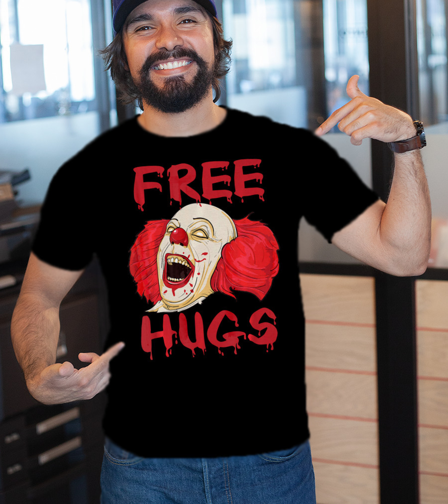 Free Hugs Evil Killer Scary Clown Costume Blood Red Horror T-Shirt