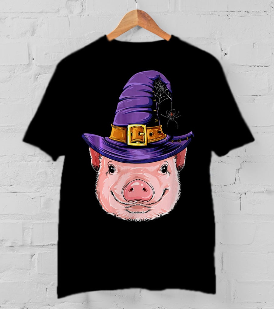 Pig In Witch Hat With Spider And Web Halloween T-Shirt