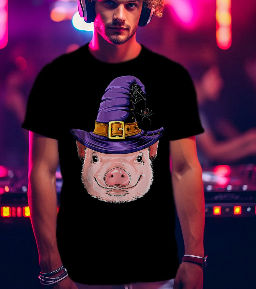 Pig In Witch Hat With Spider And Web Halloween T-Shirt