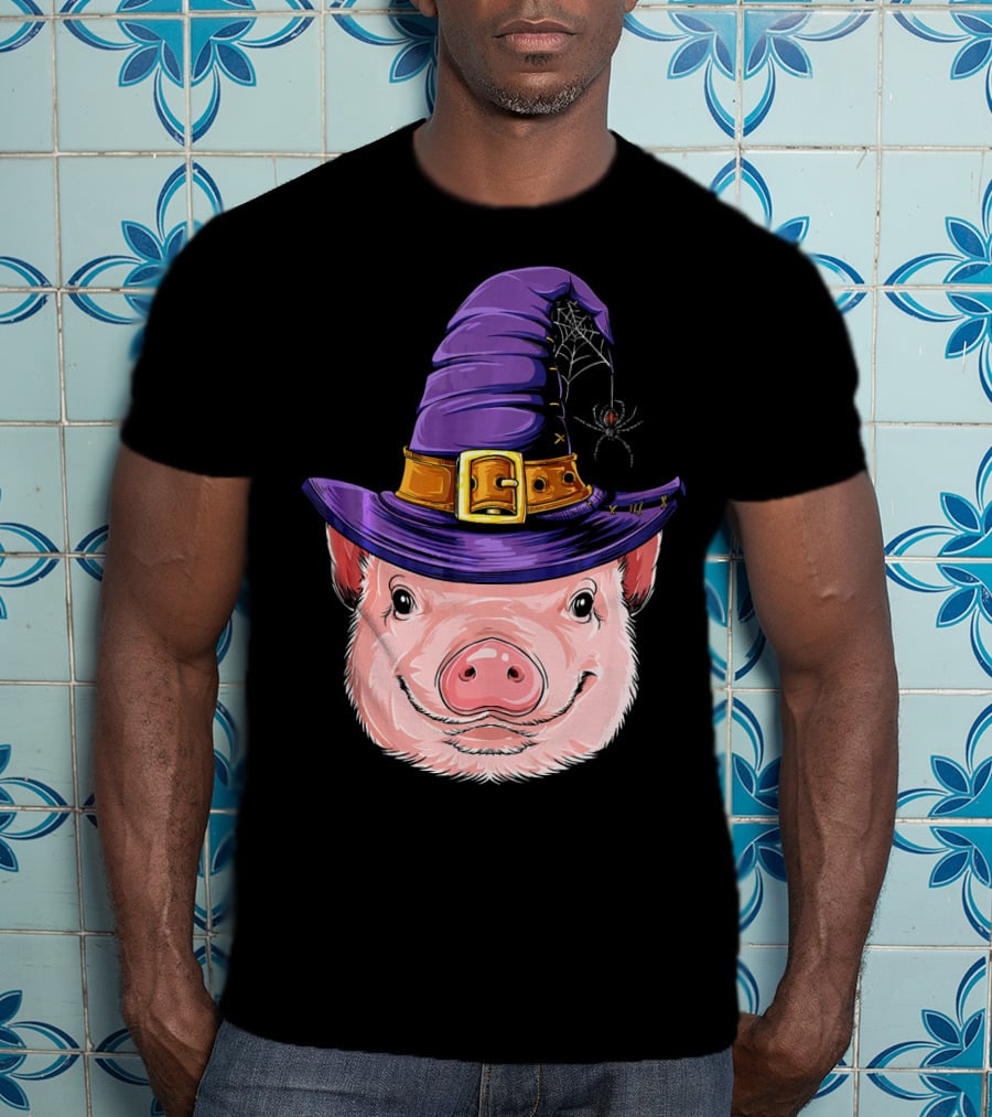 Pig In Witch Hat With Spider And Web Halloween T-Shirt