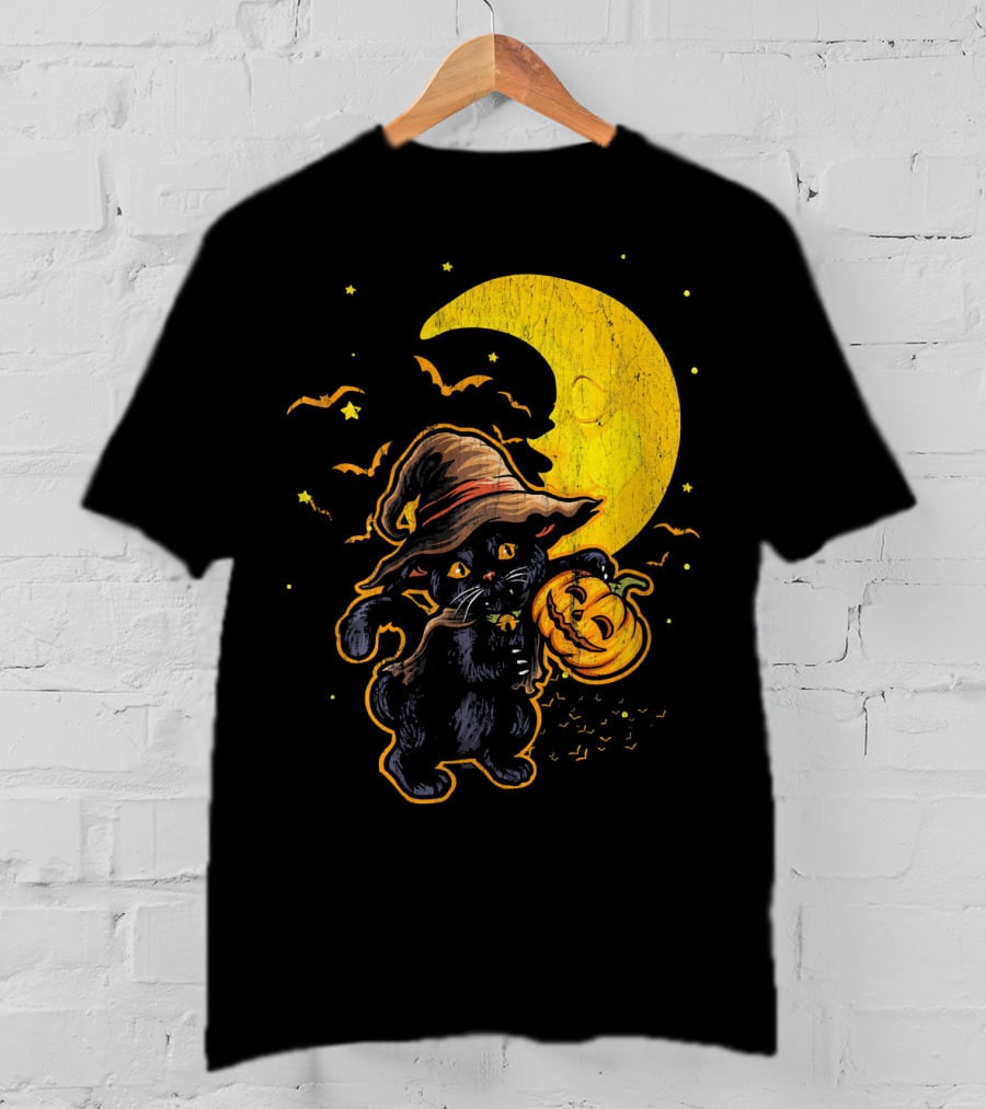 Halloween Black Cat Witch With Pumpkin Under Moon And Bats T-Shirt