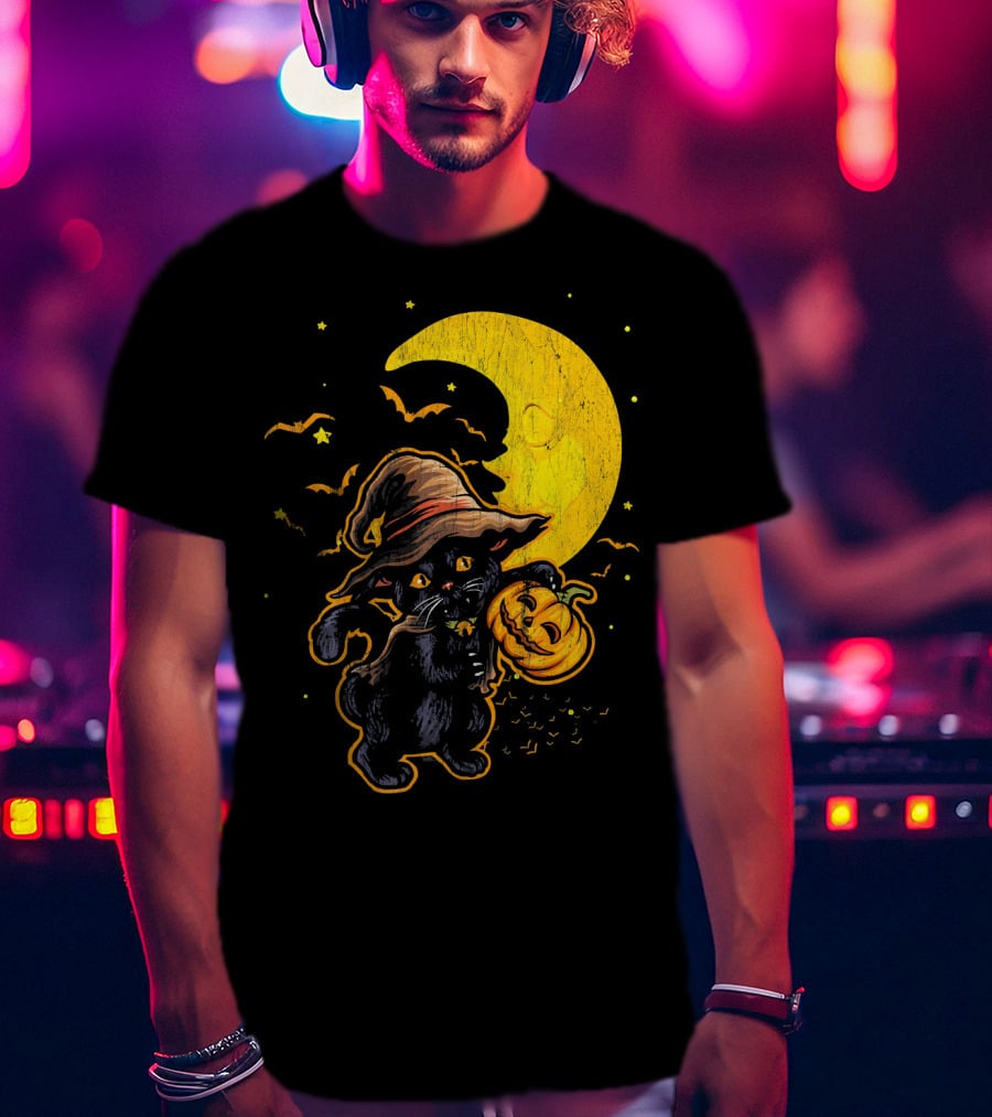 Halloween Black Cat Witch With Pumpkin Under Moon And Bats T-Shirt