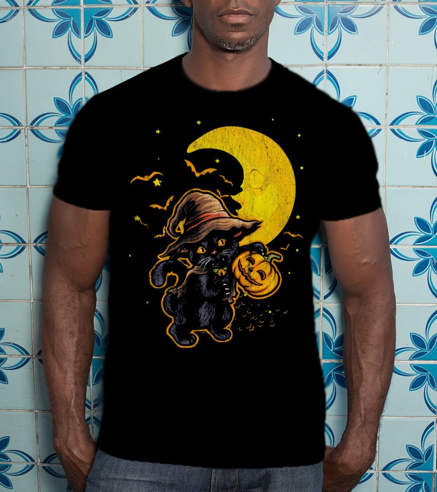 Halloween Black Cat Witch With Pumpkin Under Moon And Bats T-Shirt