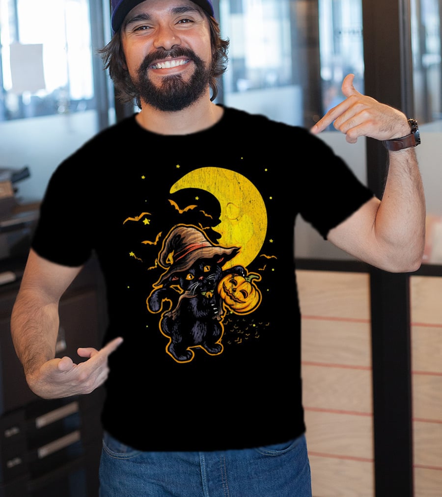 Halloween Black Cat Witch With Pumpkin Under Moon And Bats T-Shirt