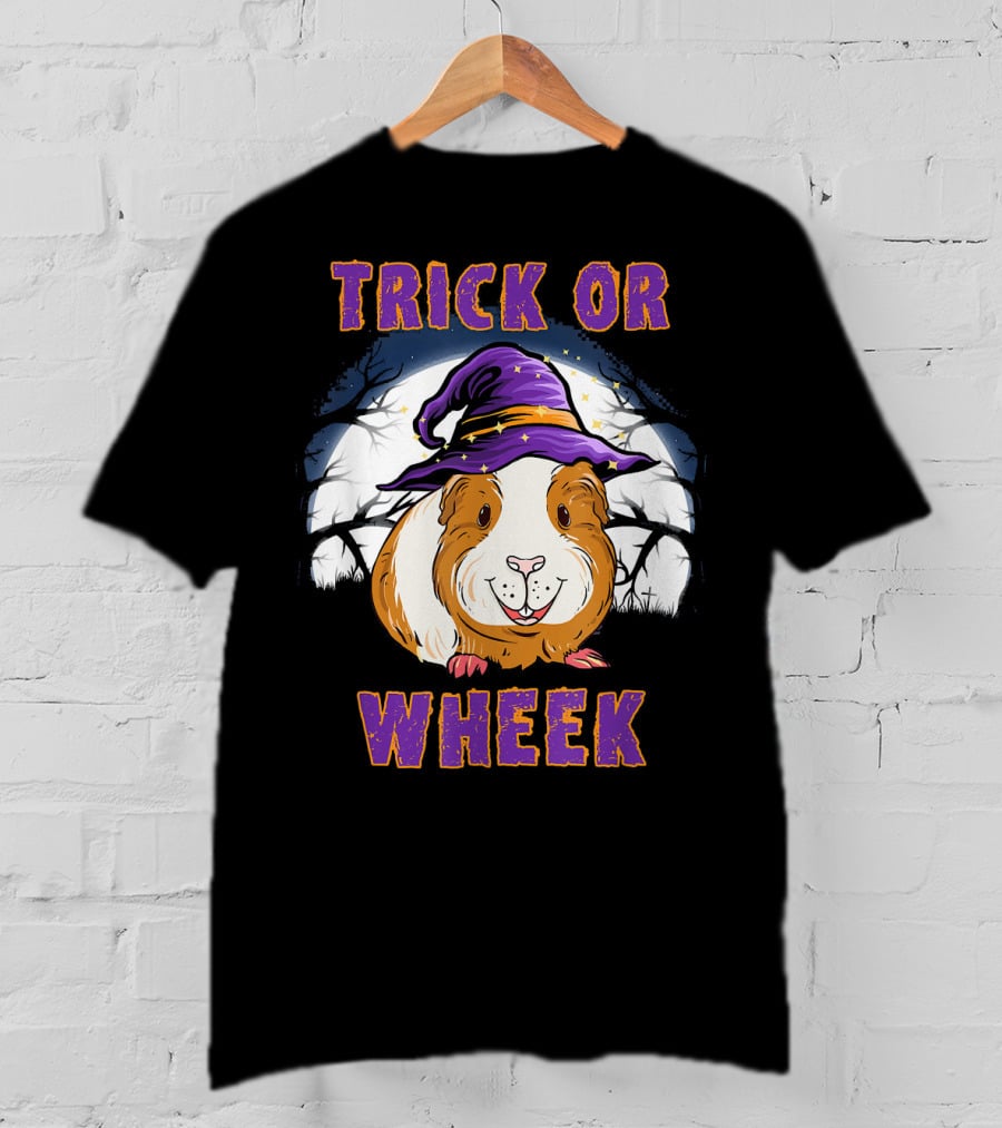 Trick Or Wheek Halloween Guinea Pig With Witch Hat And Moon Background T-Shirt