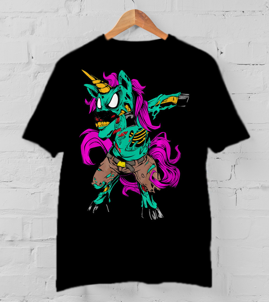 Scary Dabbing Zombie Unicorn With Pink Mane And Torn Clothing T-Shirt