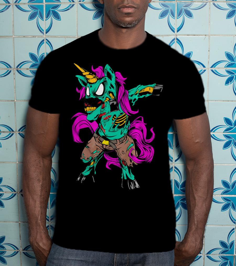 Scary Dabbing Zombie Unicorn With Pink Mane And Torn Clothing T-Shirt