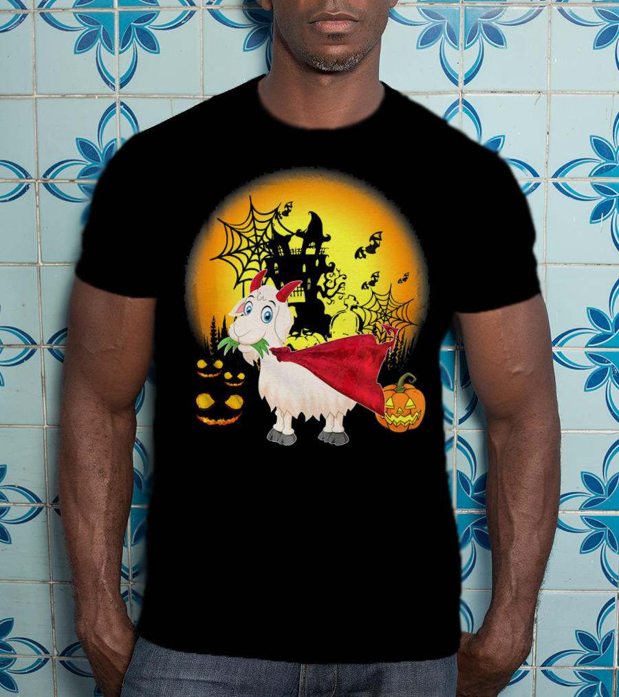 Funny Goat Halloween Cape Haunted House Pumpkins Spooky Night T-Shirt
