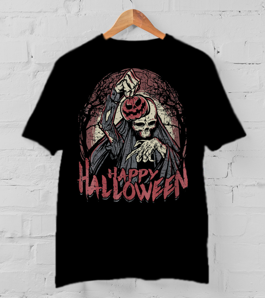 Halloween Scary Zombie Skeleton With Pumpkin Head T-Shirt