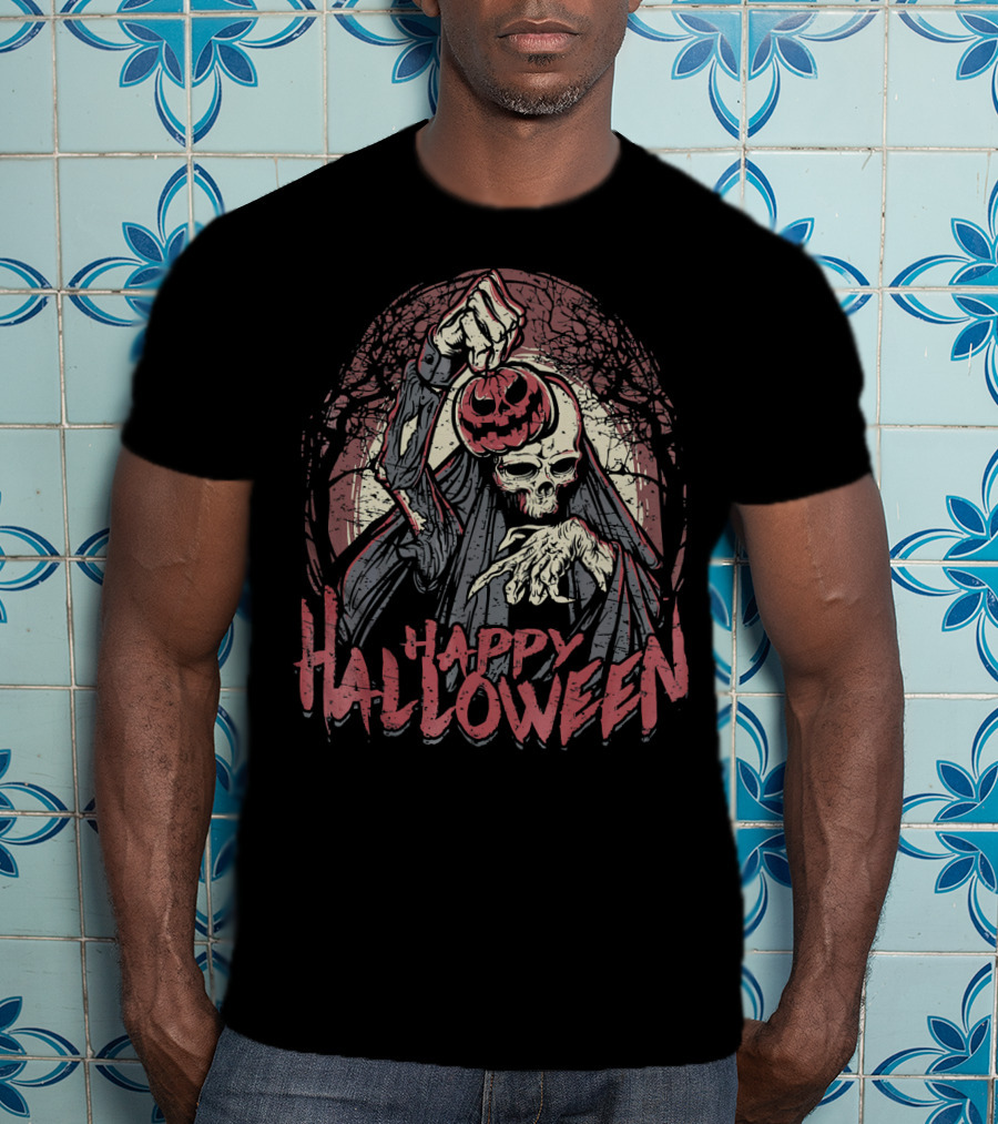 Halloween Scary Zombie Skeleton With Pumpkin Head T-Shirt