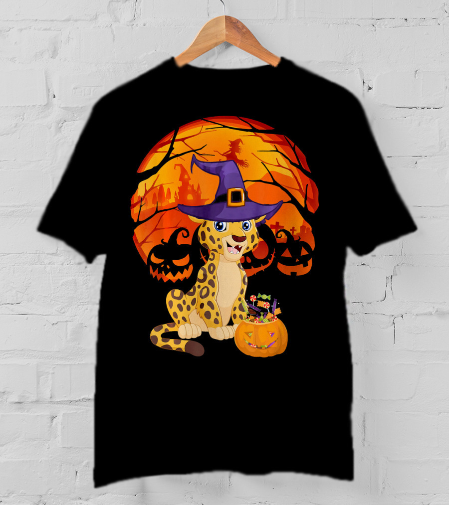 Halloween Costume Leo Witch Hat Leopard Jack-o'-Lantern Moon Shadows T-Shirt