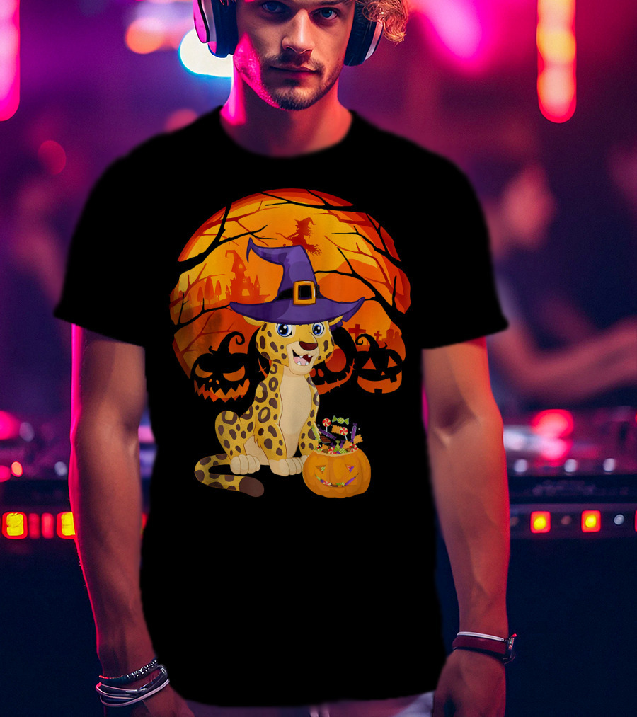 Halloween Costume Leo Witch Hat Leopard Jack-o'-Lantern Moon Shadows T-Shirt