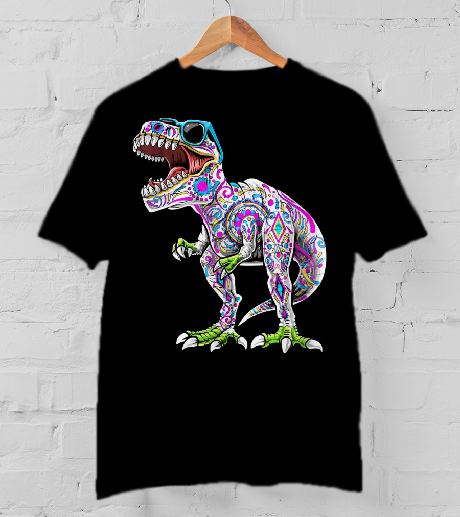 Day Of The Dead Dia De Los Muertos T-Rex Dinosaur With Sunglasses T-Shirt