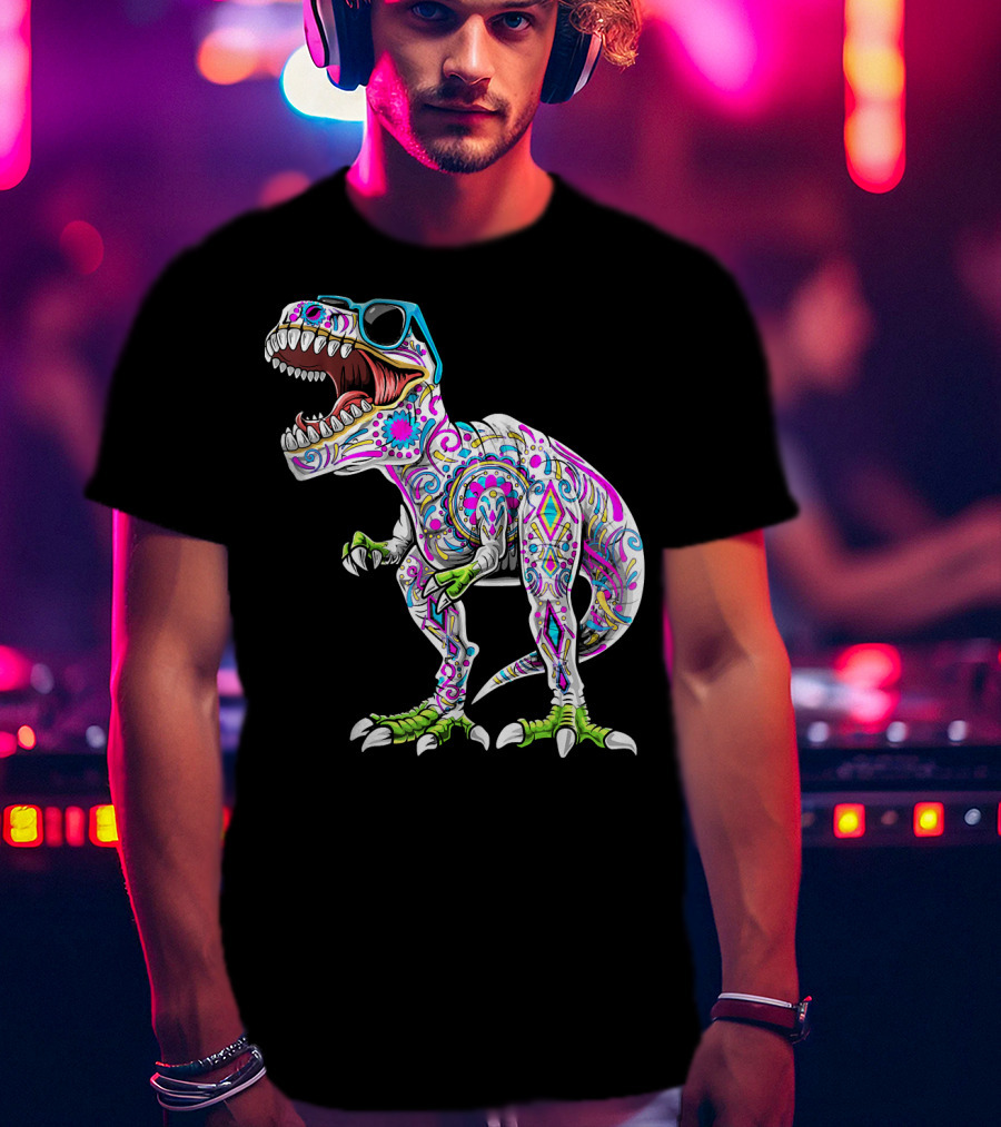 Day Of The Dead Dia De Los Muertos T-Rex Dinosaur With Sunglasses T-Shirt