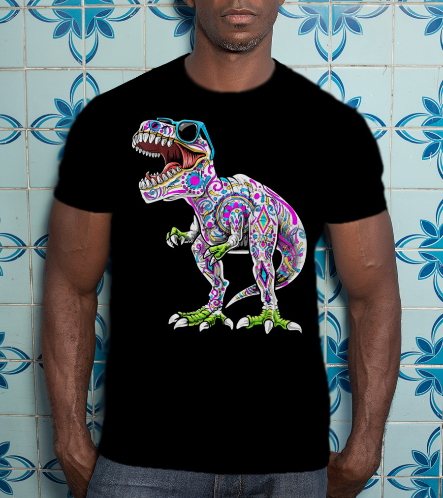 Day Of The Dead Dia De Los Muertos T-Rex Dinosaur With Sunglasses T-Shirt