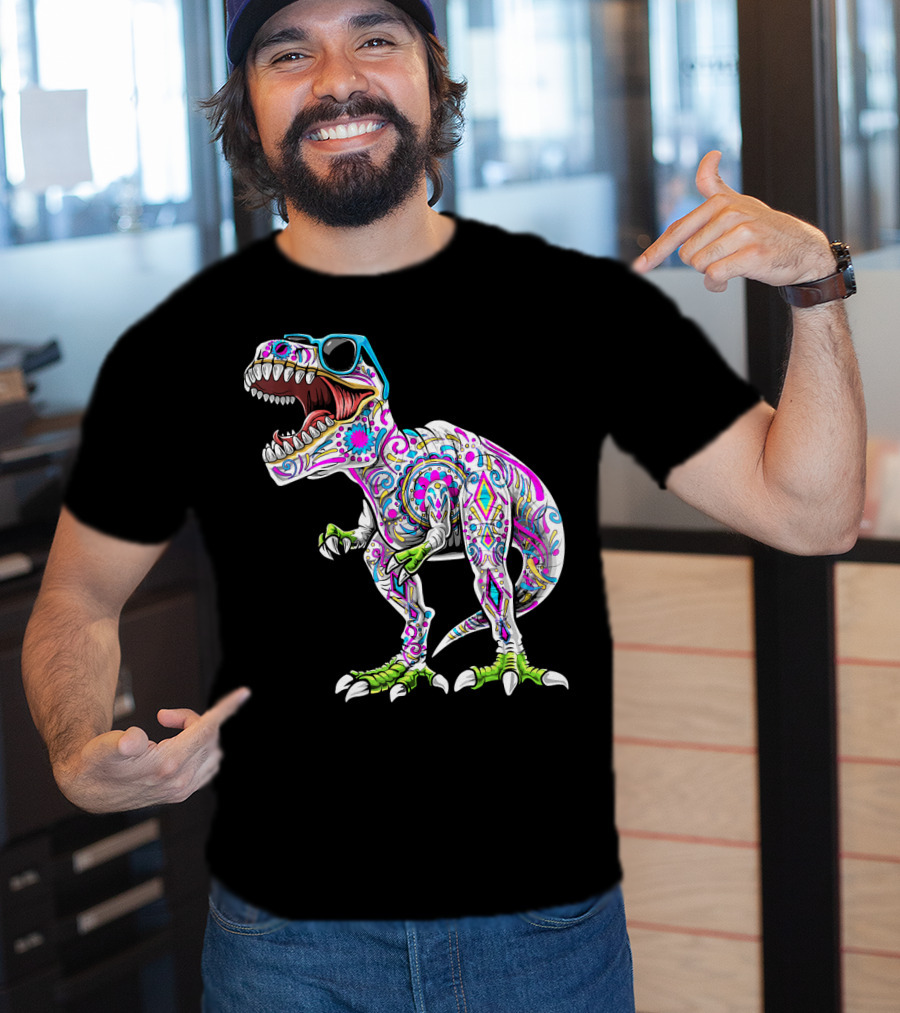 Day Of The Dead Dia De Los Muertos T-Rex Dinosaur With Sunglasses T-Shirt