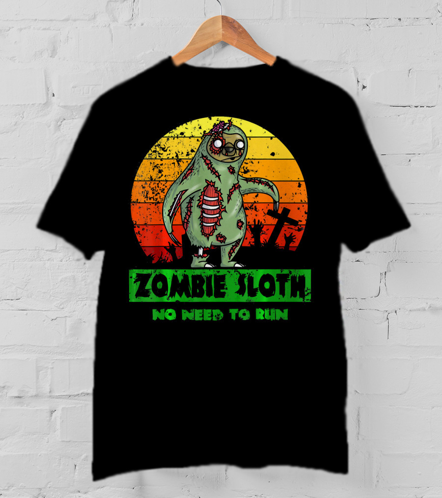 Zombie Sloth No Need To Run Sunset Cemetery Background T-Shirt