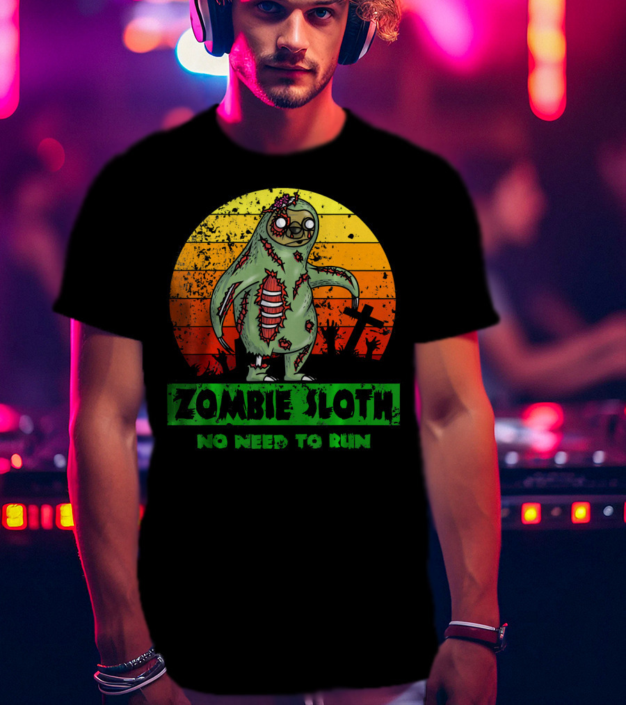 Zombie Sloth No Need To Run Sunset Cemetery Background T-Shirt