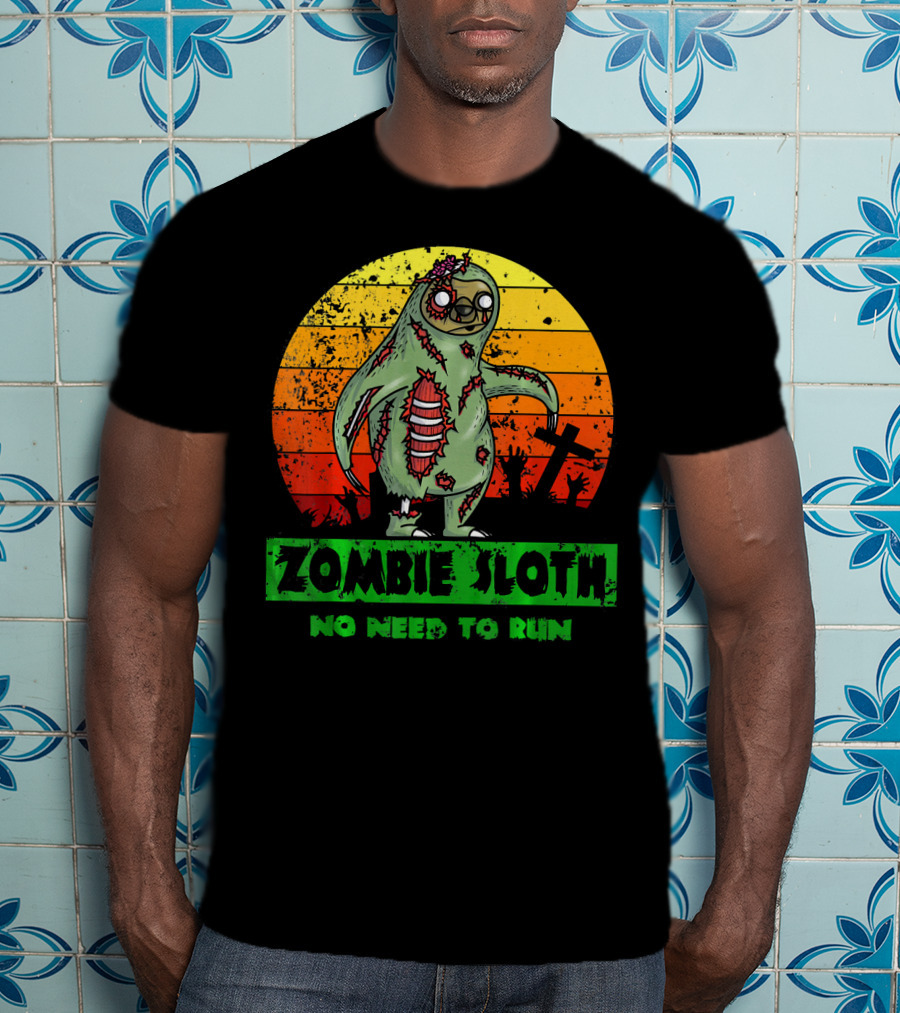 Zombie Sloth No Need To Run Sunset Cemetery Background T-Shirt