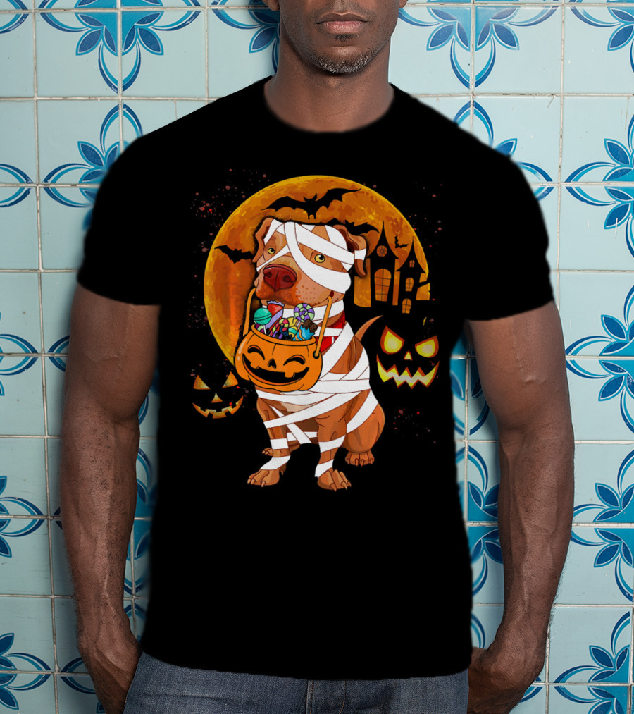 Funny Halloween Mummy Pitbull Boo Dog With Pumpkin Candy And Scary Moon T-Shirt