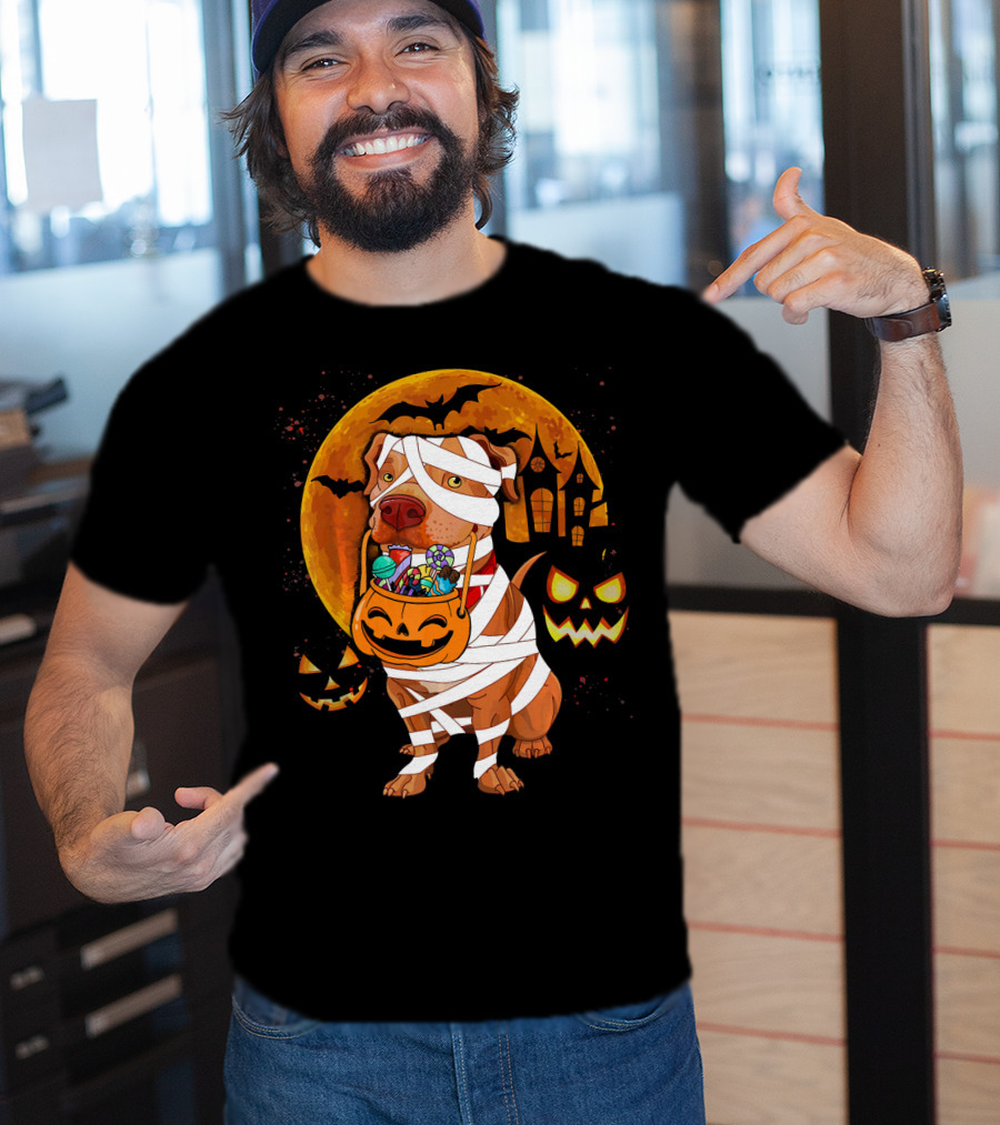 Funny Halloween Mummy Pitbull Boo Dog With Pumpkin Candy And Scary Moon T-Shirt