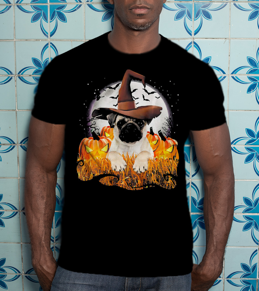 Funny Pug Halloween Witch Hat Pumpkins Moon Bats T-Shirt