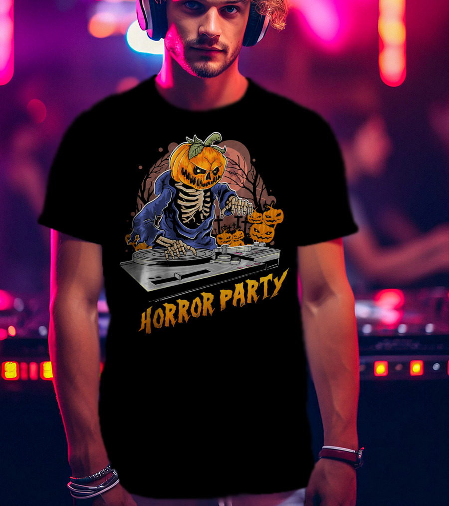 Horror Party Skeleton Pumpkin Head DJ Turntable Halloween Vibes T-Shirt