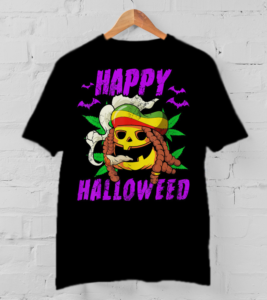 Happy Halloweed Rasta Pumpkin Smoking Weed With Bats And Jamaican Colors T-Shirt