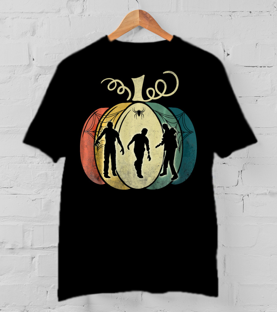 Pumpkin With Zombie Silhouettes And Spider Webs T-Shirt