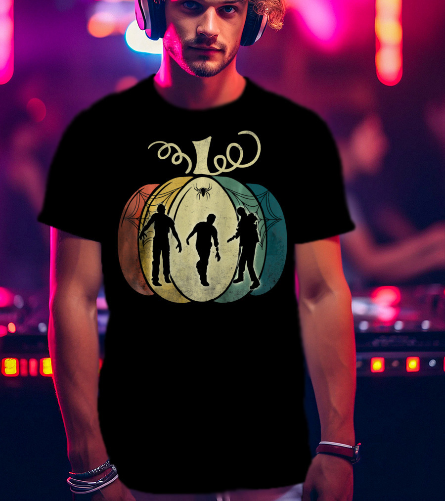 Pumpkin With Zombie Silhouettes And Spider Webs T-Shirt