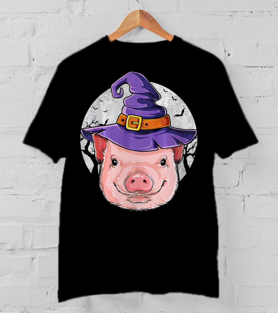 Pig Wearing Purple Witch Hat With Spooky Full Moon And Bats T-Shirt