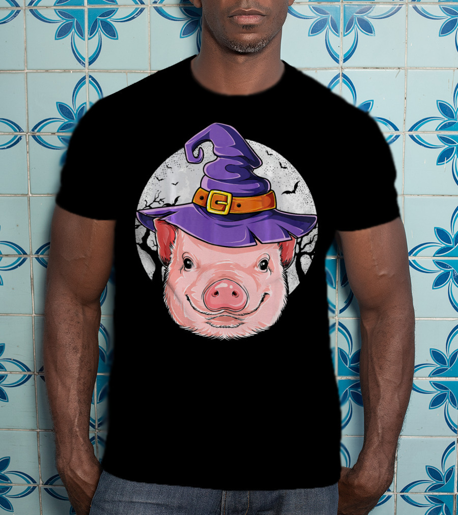 Pig Wearing Purple Witch Hat With Spooky Full Moon And Bats T-Shirt