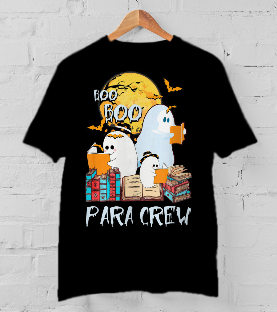 Boo Boo Para Crew Paraprofessional Ghost Reading By Moonlight With Books And Bats T-Shirt