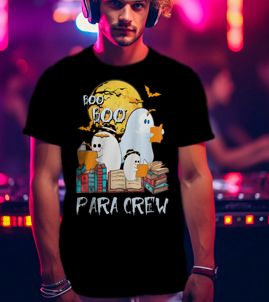 Boo Boo Para Crew Paraprofessional Ghost Reading By Moonlight With Books And Bats T-Shirt