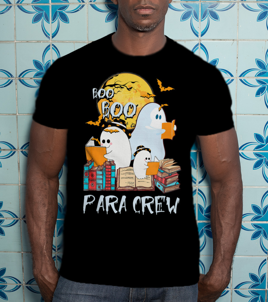 Boo Boo Para Crew Paraprofessional Ghost Reading By Moonlight With Books And Bats T-Shirt