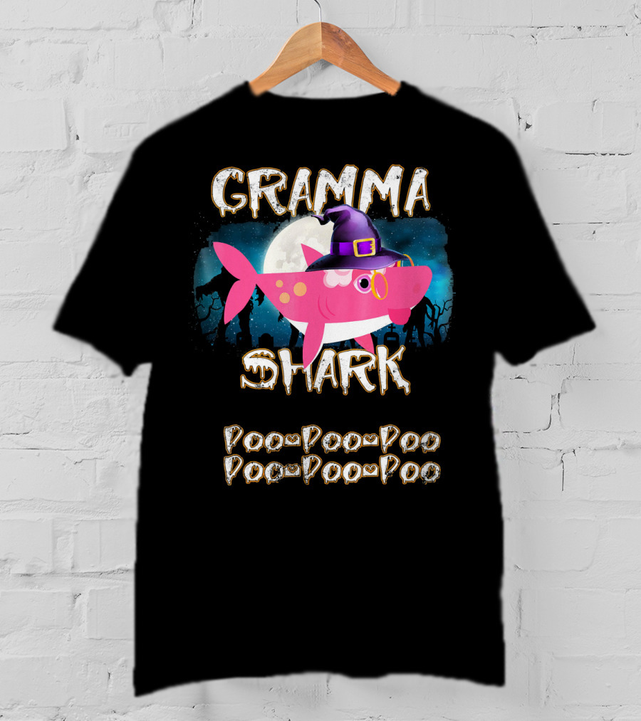 Gramma Shark Doo Doo Doo Halloween Witch Hat And Moon Background T-Shirt