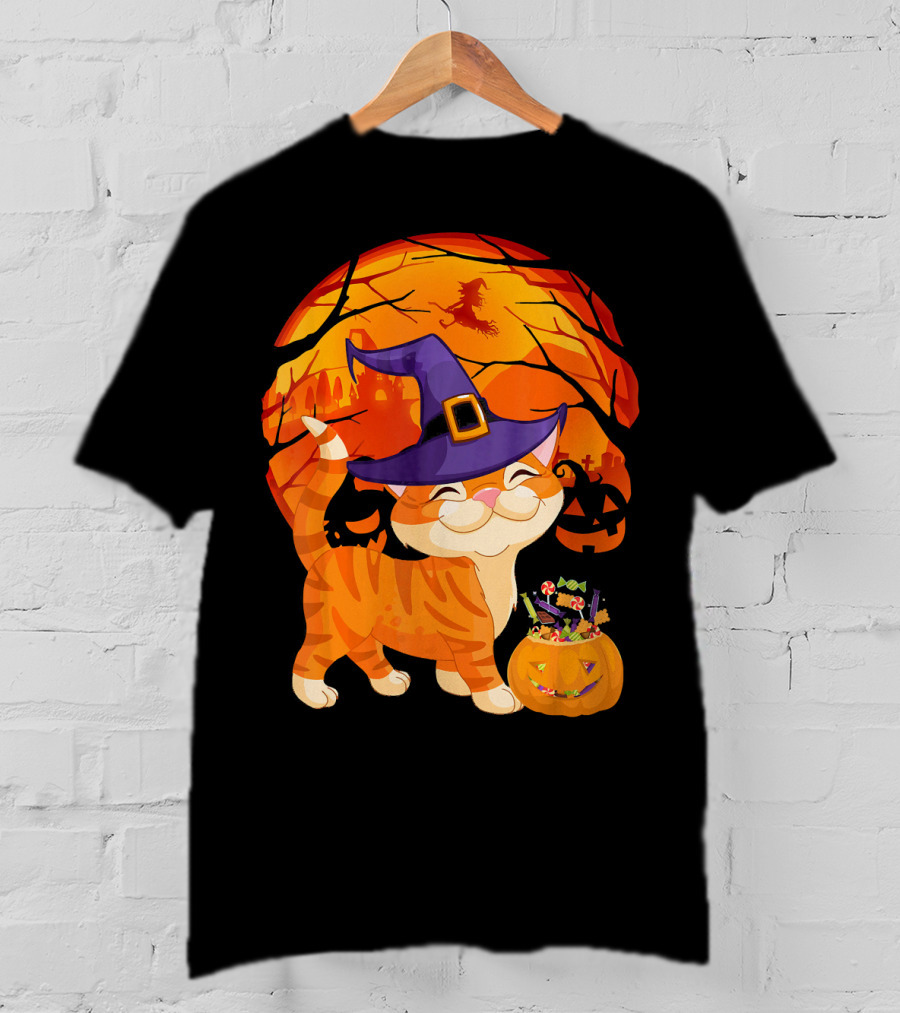 Halloween Costume Cat Witch Hat Happy Pumpkin Moon Scene T-Shirt