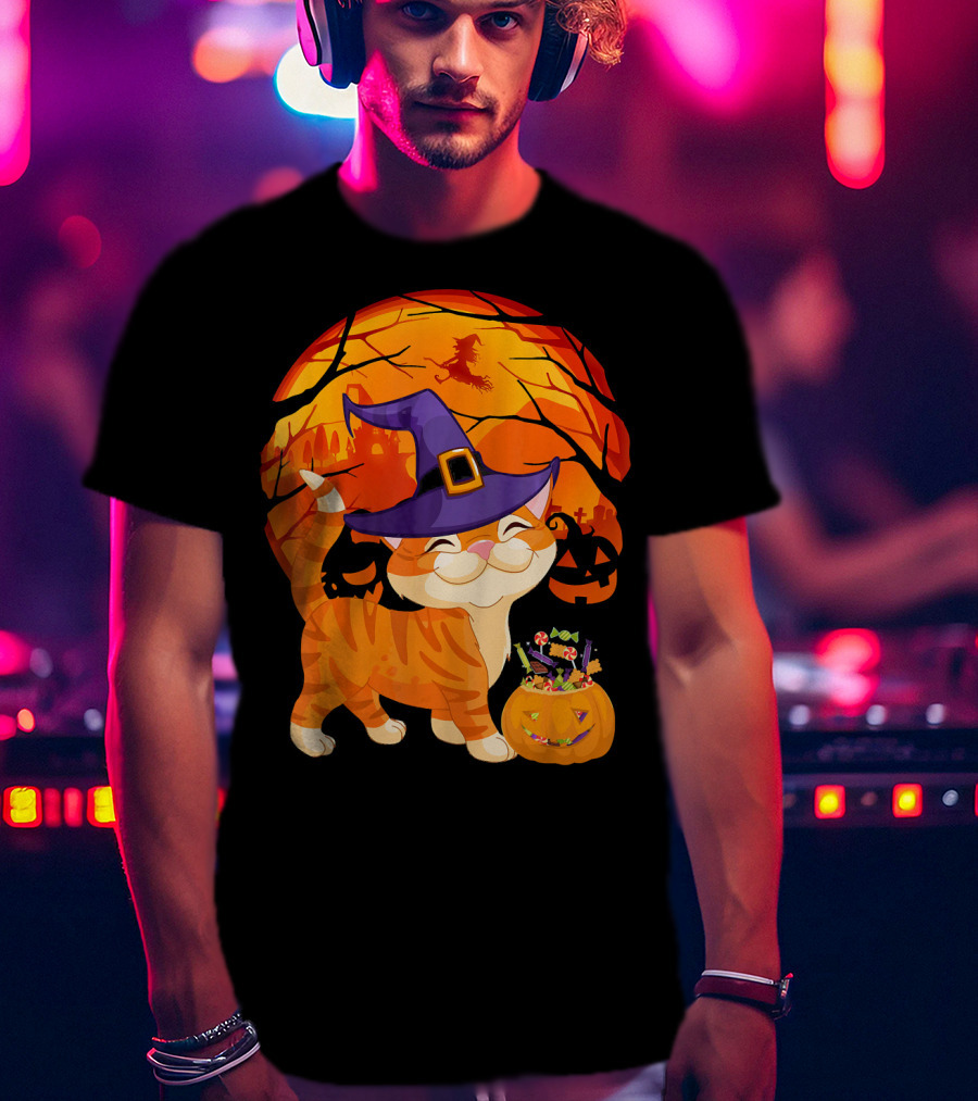 Halloween Costume Cat Witch Hat Happy Pumpkin Moon Scene T-Shirt