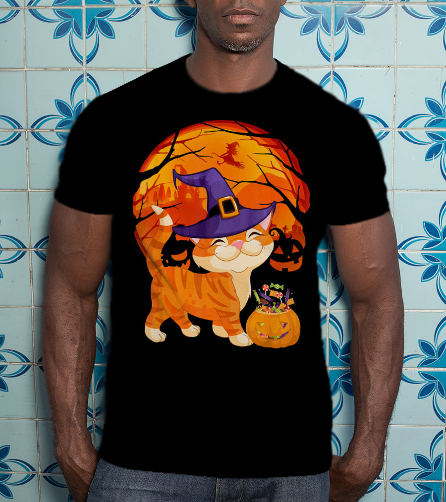 Halloween Costume Cat Witch Hat Happy Pumpkin Moon Scene T-Shirt
