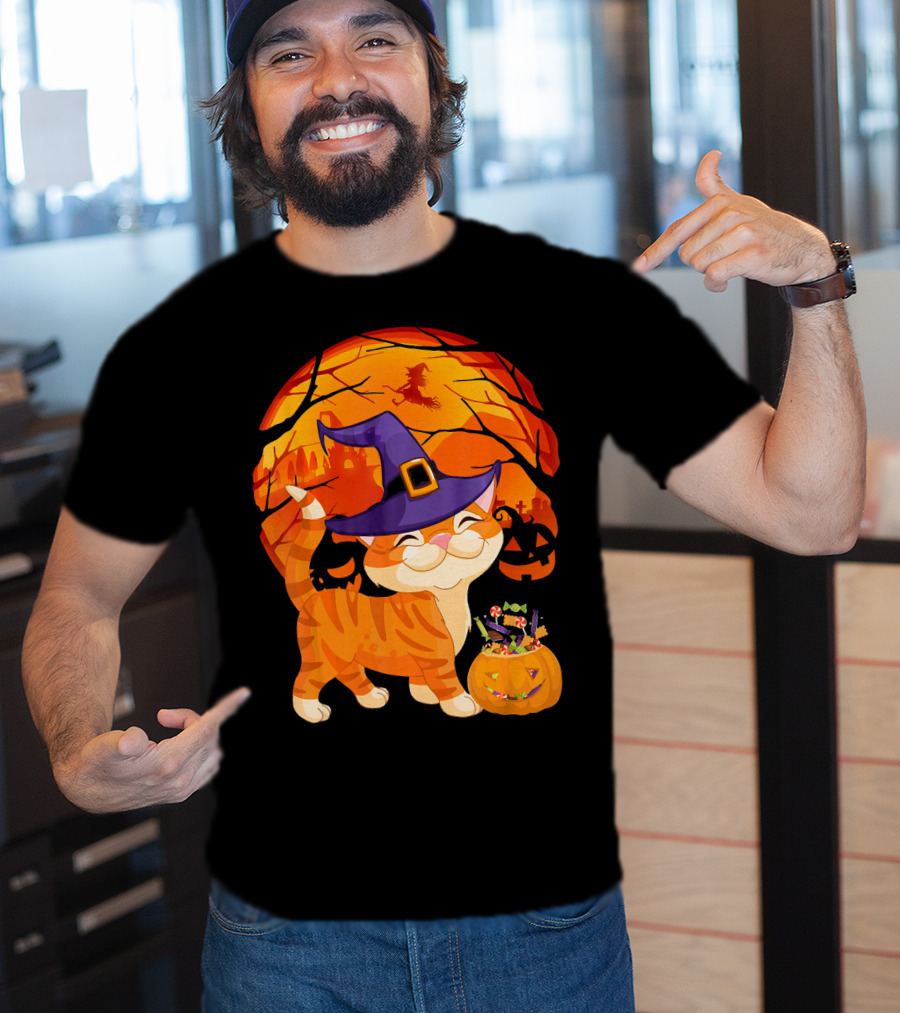 Halloween Costume Cat Witch Hat Happy Pumpkin Moon Scene T-Shirt