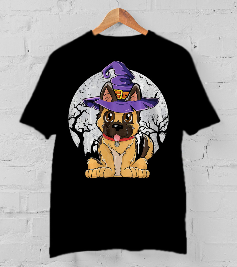German Shepherd Witch Halloween Moon Background T-Shirt