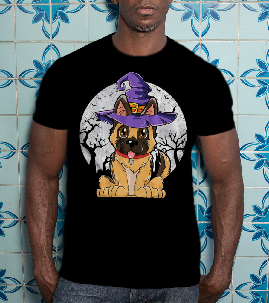 German Shepherd Witch Halloween Moon Background T-Shirt