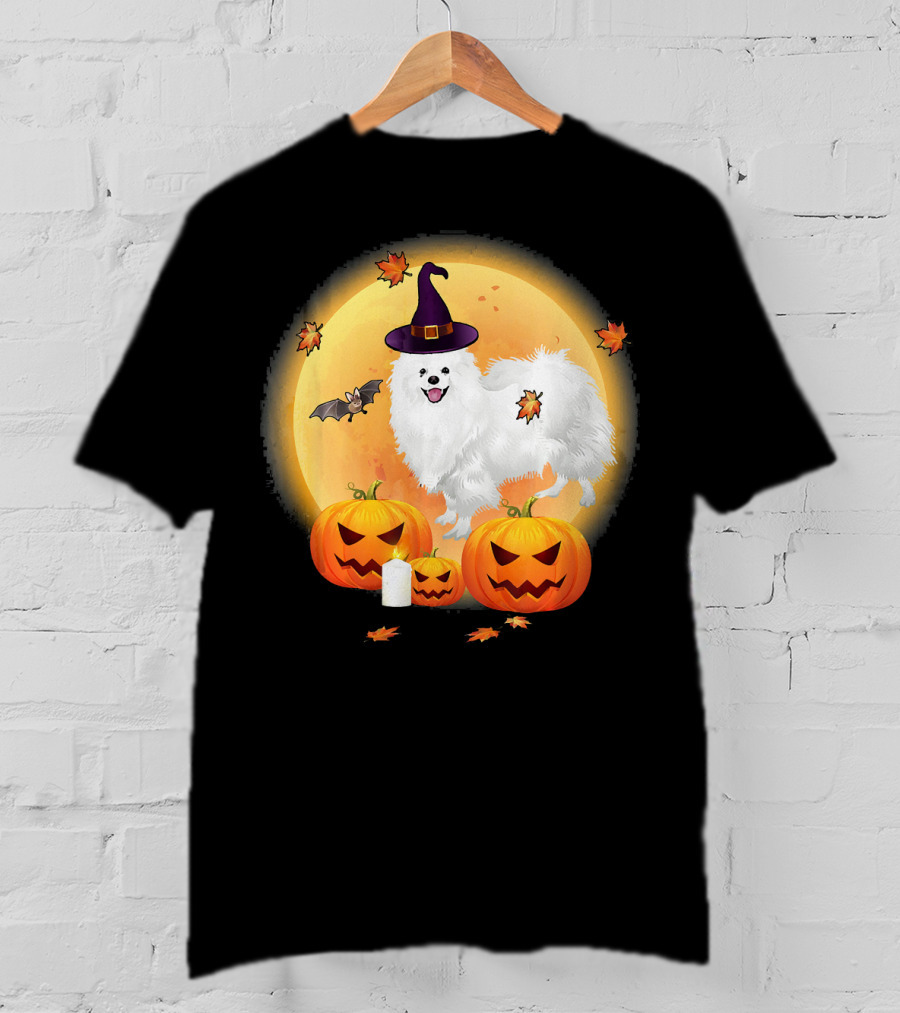 Halloween American Eskimo Dog With Pumpkins And Witch Hat T-Shirt