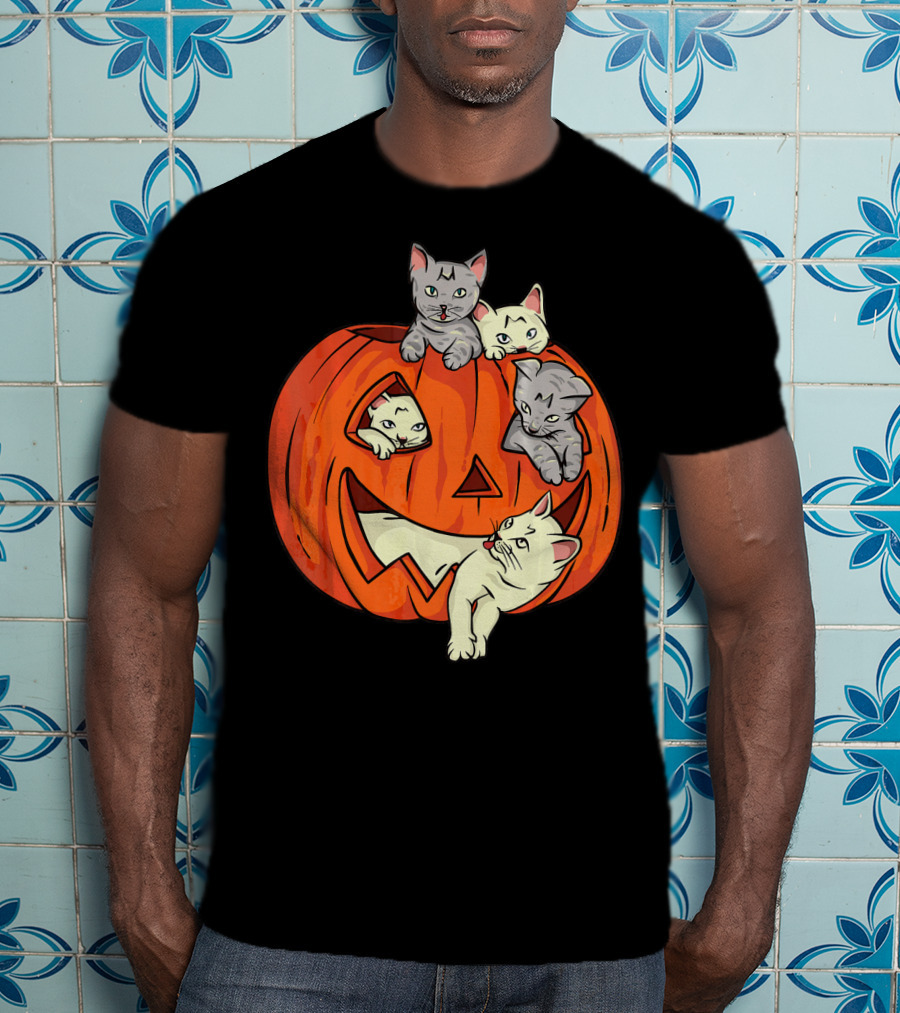 Cats In Jack O Lantern Pumpkin Halloween Scene T-Shirt