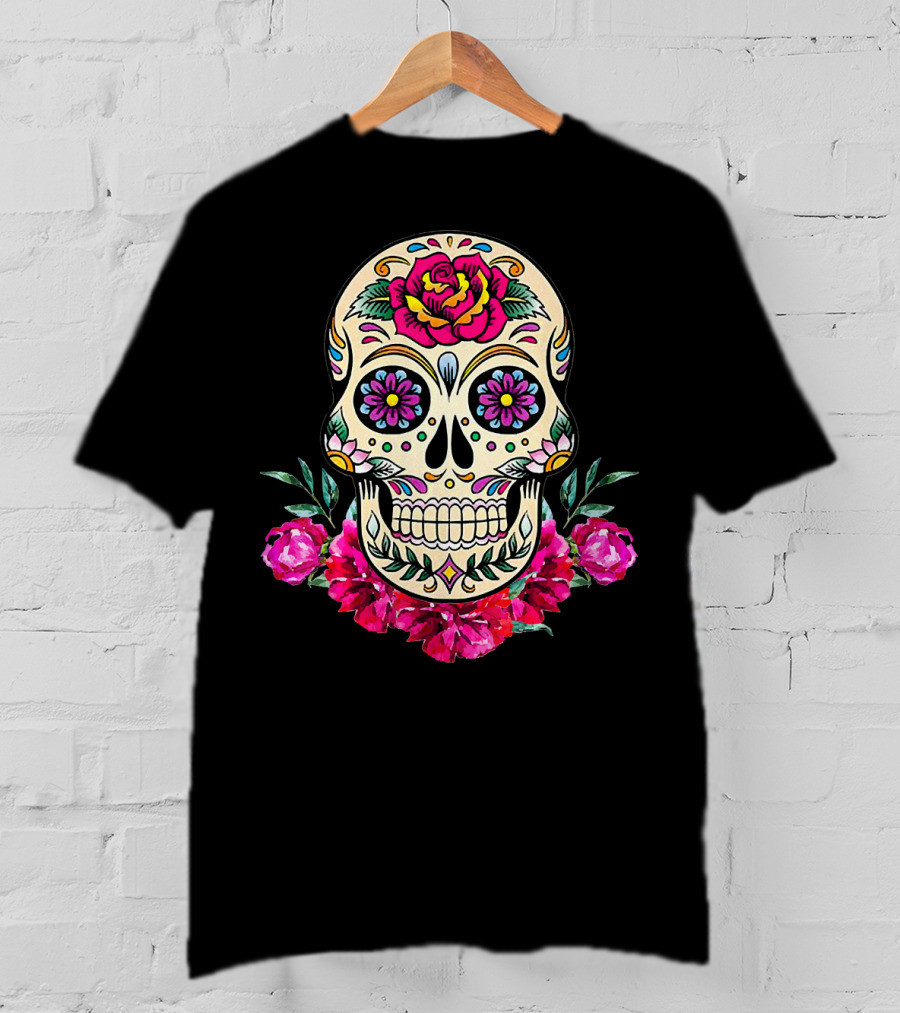 Day Of The Dead Sugar Skull With Vibrant Floral Accents T-Shirt