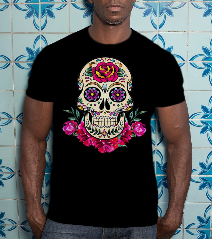 Day Of The Dead Sugar Skull With Vibrant Floral Accents T-Shirt
